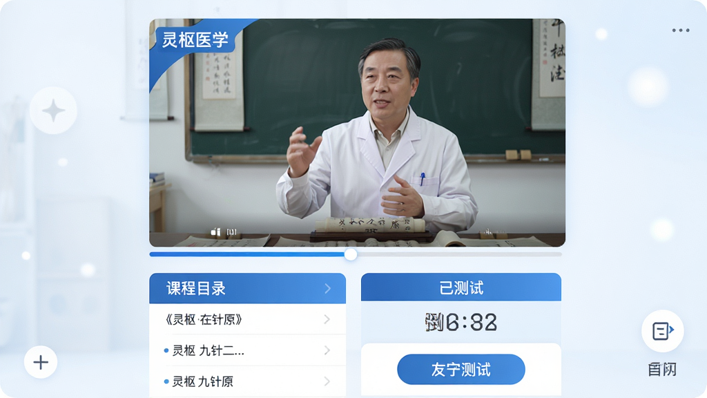 ���壺����ҽѧAPP�����߿γ�ҳ�棬��Ƶ���ڲ���ר�ҽ��Σ��·��ǿγ�Ŀ¼�������ڣ����֣���Ƶ�������Ϸ����·���Ϊ�������������Ŀ¼���ұ߲��԰�ť���Ű棺�����࣬��������Ŀ������ִ��������������ɫ����͹��ߣ�ϸ�ڣ���Ƶ����ʦ���⡶�������ʮ��ԭ������Ļ���С�����ҽѧ���Ǳ꣬���Խ����е���ʱ�����ʣ�ȫ���壬�ɾ����޶���Ԫ�ء�