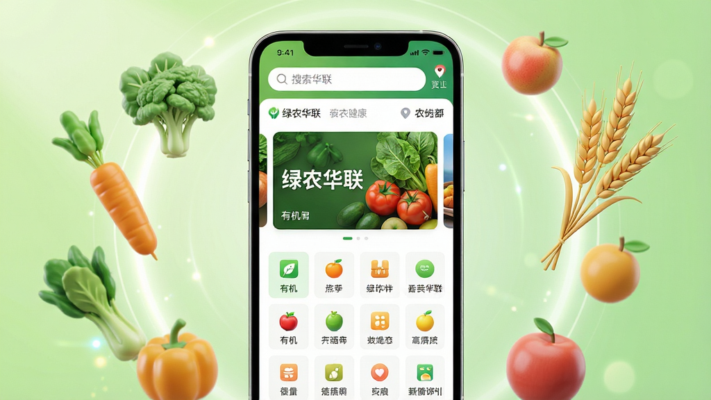 ��������Ϊһ�������ֻ���Ļռ���Ӿ����ģ���Ļ������չʾ����ũ������APP����ҳ���棬���涥�����������Ͷ�λ��Ϣ���в�Ϊ�ֲ�ͼչʾ�л�ũ��Ʒ���·��ǹ���ͼ������ֻ���Χ�������߲ˡ�ˮ�������������ũ��Ʒ��3Dģ��Ԫ�أ����岼�ֳʻ���ʽ�������������µ�ǳ��ɫ���䣬������͵Ĺ���Ч�����Ű����ִ���࣬ͻ���Ƽ�����ũҵ�ںϡ�ϸ���ϣ��ֻ���Ļ��ͼƬ��������ʾ����ũ����������������ũ��Ʒ�ı���ɫ�󡣻���Ҫ��8K���壬��Ӱͨ͸���ɾ��޶�����������Χ�������Ȼ�������������С�