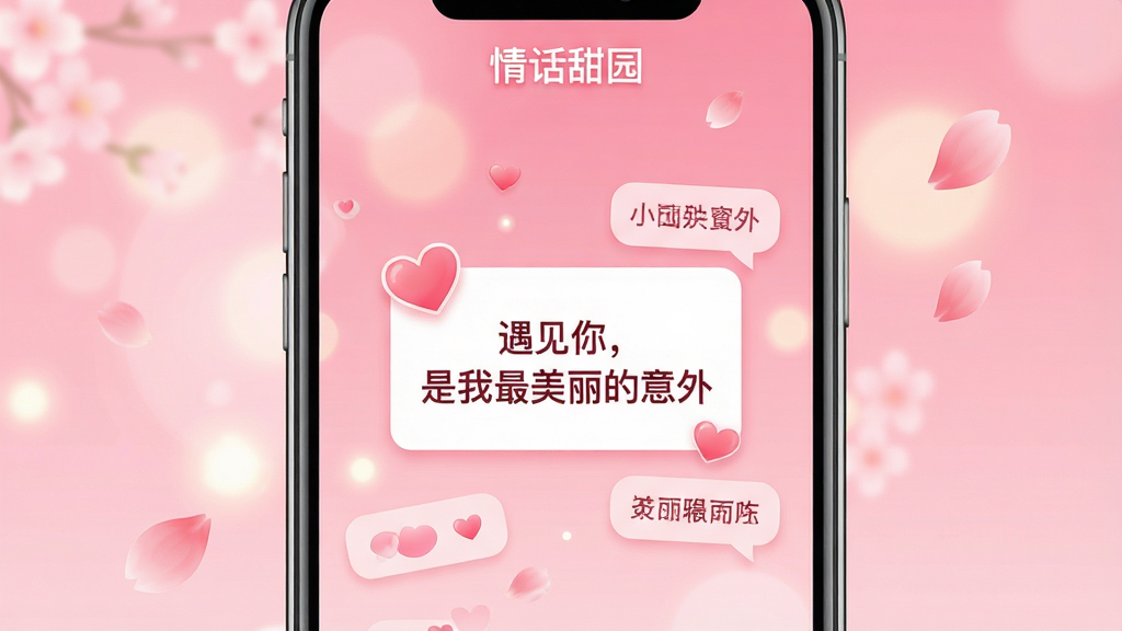 ��������Ϊ���黰��԰���ֻ�Ӧ�ý�����д����Ļ��չʾ�ŷۺ�ɫ���䱳��������Ư���Ŵ��а��ĺ��������ݵ������黰��Ƭ����Ƭ��д�š������㣬���������������⡱�����岼�ֲ��þ��жԳƣ���������ˬ����������͹�ߺ�Ʈ��Ļ��ꡣ���Ϊ����Ψ���廭�磬ϸ�ڷḻ�����ʸ��壬�ɾ��޶���Ԫ�ء�