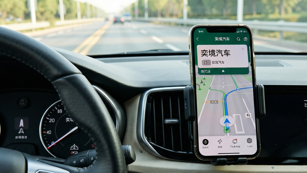 ���壺�Ⱦ�����App�ڼ�ʻ���е�ʵ��ʹ�ó������ֻ��̶��ڳ����֧���ϣ���Ļ��ʾ�ŵ굼��·�������֣�ǰ��Ϊ���������Ǳ��̣��ֻ�λ������ƫ�ң�����Ϊ���粣����ĵ�·���Ű棺����۽��ֻ���Ļ��������ͷ���������дʵ����磬������Ȼ�⡣ϸ�ڣ��ֻ���Ļ��ʾ���Ⱦ�������������Ƭ����·�������������ʣ�����ʵ�ĸУ��ɾ��޶���Ԫ�ء�