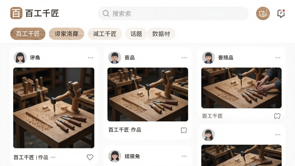 �ٹ�ǧ��app����ҳ�棬�����������뻰���ǩ���·����ٲ�����Ʒ��Ƭ����Ƭ����ʾ�û�ͷ������Ʒͼ�������԰�ɫΪ������׺ԭľɫ�����ٹ�ǧ����logo�������Ͻǣ�����Լ�ִ������ʸɾ�������