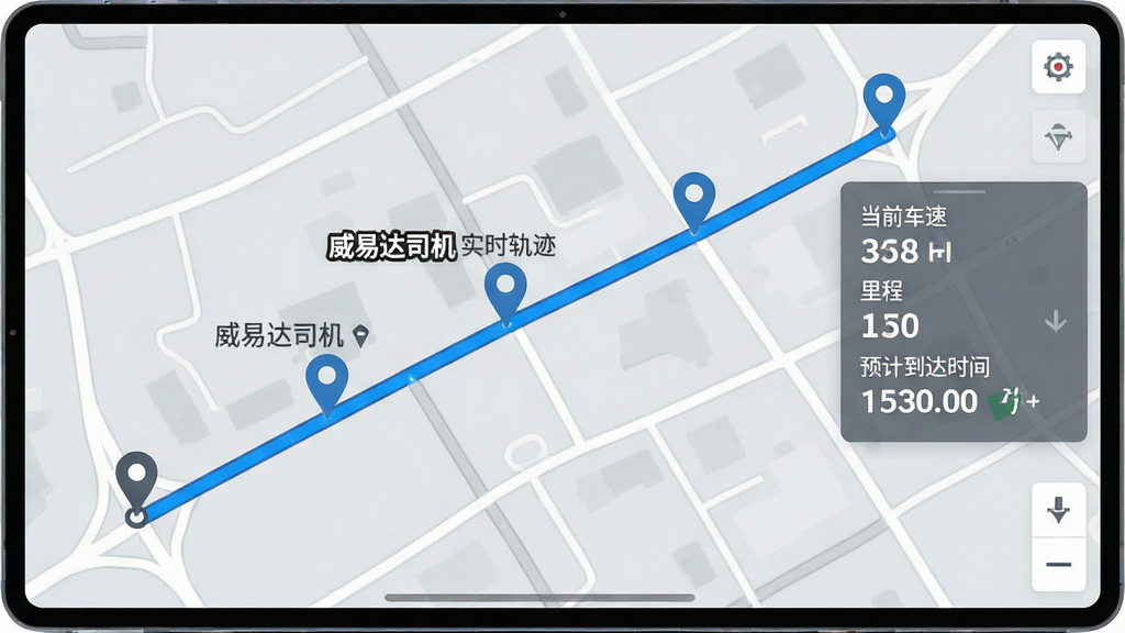 ��������Ϊһ�ŵ��ӵ�ͼ���棬��ͼ����һ������㵽�յ����ɫ��ʻ�켣�ߣ��м�ֲ��ż�����λ��ǵ㣬����ע�����״�˾�� ʵʱ�켣����������ͼ���Ϊ����ƽ��ʸ����񣬵�·����������Ϊǳ��ɫ���켣����Ŀ�������Ҳ���һ����͸������Ϣ��壬��ʾ��ǰ���١���̡�Ԥ�Ƶ���ʱ�䡣���岼��ƽ�⣬�Ű�רҵ�����ʸɾ��������޶���Ԫ�ء�