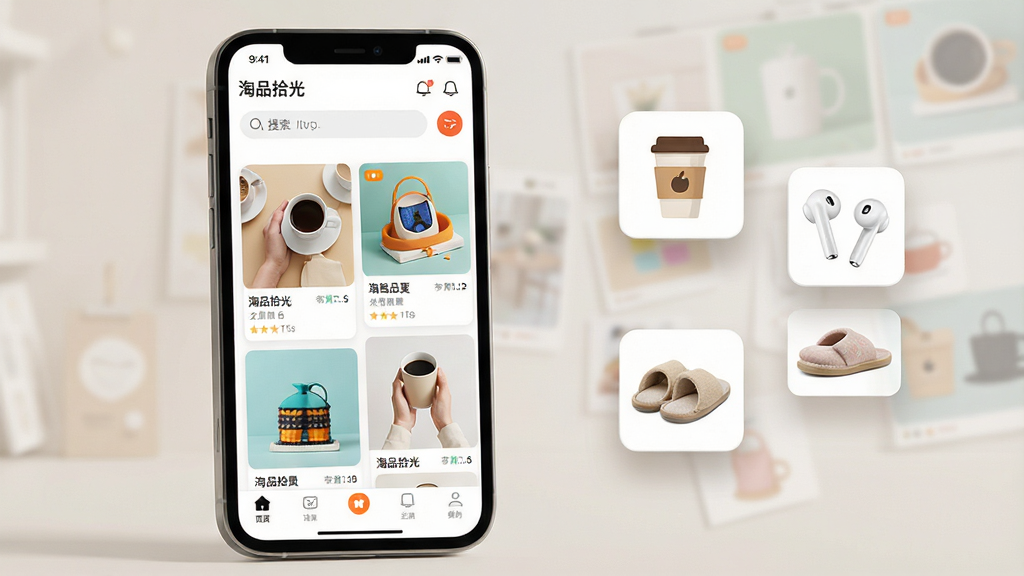 ���壺һ��������Ļ�������ֻ�����Ļ��������ʾ����Ʒʰ�⡱APP�Ĺ�����ҳ���棬���沼������Ʒ�ٲ����������������͵ײ������������֣��ֻ�λ�ڻ�������ƫ���Ҳ����״������ż��������Ե���ƷСͼ�꣬�翧�ȱ������߶������Ӽ���Ь��Ӫ������ɹ����Χ���Ű棺��Ʒ��Ƭ�������У�ɫ������������UI����ִ���ࡣ���дʵ���ƽ����ϣ���ҵ��Ʒ��Ⱦ��񣬹�Ӱ��͡�ϸ�ڣ��ֻ���Ļ���������ɱ棬�����е���ƷͼƬ���£����廭��ɾ�������Ԫ�ء����ʣ�8K�����壬ϸ�廭�ʣ��ɾ����޶���Ԫ�ء�