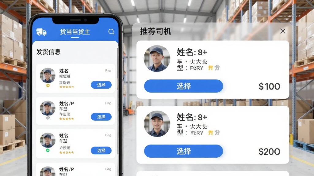 ���壺����������APP������ƥ��ҳ�棬ҳ�����Ϊ������Ϣ�б����Ҳ�Ϊ�Ƽ���˾����Ƭ����Ƭ��ʾ˾��ͷ�����������͡����֡����ۡ����֣����ҷ���������Ϊǳ��ɫ�����ֿⳡ�����Ű棺��Ƭ�������룬��Ϣ��η��������дʵ���ƽ����ϣ�UI�ִ���ϸ�ڣ�˾����Ƭ����ɫ��ѡ�񡱰�ť��ҳ�涥���С���������������ʶ�����ʣ����壬�ɾ����޶���Ԫ�ء�
