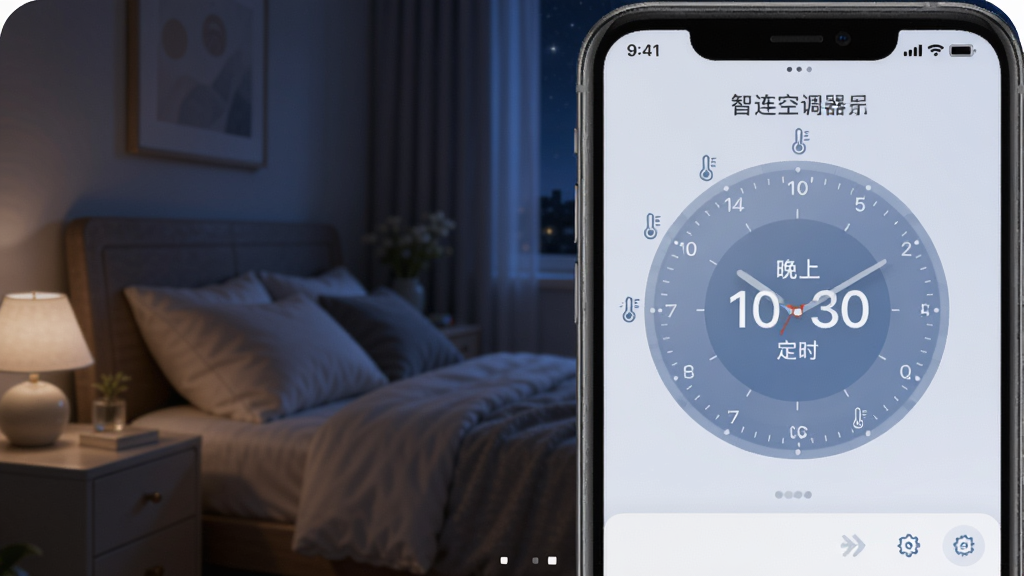 �����յ�ң����app�Ķ�ʱ��������ҳ�棬����Ϊҹ�����һ������ֻ�������ʾԲ��ʱ�ӱ��̣��趨������10��30�֣�ʱ�������Ե���¶�ͼ�꣬����ɫ����ͣ�����ֱ�ۣ�����ϸ��ɾ�