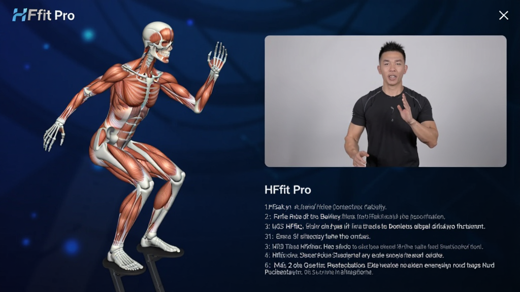 �����ͼչʾHFfit Pro��һ��������׶����Ľ�ѧҳ�棬���Ϊ3D�����������ģ�ͣ��Ҳ�Ϊ���˽���ʾ����Ƶ���ڣ�ҳ���·��С�HFfit Pro������ϸ���ֽ��ⲽ�裬����������ɫ�Ƽ��н���Ϊ����ͼ��ϸ�����������ʸɾ��޶���Ԫ�ء�