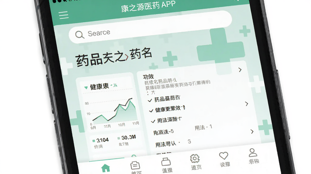 ����Ϊ�����ֻ���Ļչʾ��֮ԴҽҩAPP���棬��Ļ������ʾҩƷ����ҳ����ҩƷ���ơ���Ч���÷������֣�����Ϊǳ��ɫҽ��ʮ��ͼ�꣬���岼�ּ����������ƽ����Ʒ��ϸ�ڰ�����������ͼ����������͵����������ʸ���ɾ����޶���Ԫ�ء�