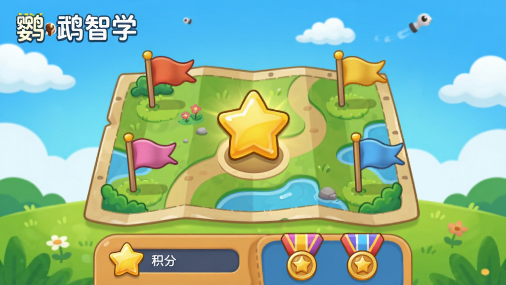 չʾ������ѧApp�Ĵ���ѧϰ���棬��������Ϊһ�ſ�ͨ��ͼ����ͼ���ж���ؿ����ģ���ǰ�ؿ���ʾ��ɫ���ǣ��ײ��л�����ѫ��չʾ��������ɫ�ʻ��ã�����Ϊ���������ݵأ�����ɰ���ϸ�ڷḻ�����ʸɾ����޶���Ԫ�أ����ֱ�ע��������ѧ��
