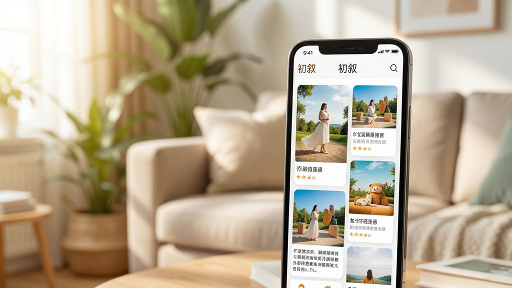 ���壺һ��������Ļ�������ֻ�����Ļ��չʾ����App�Ľ��棬�������о�����ͼƬ�ٲ��������ֶ�̬����������ܰ�Ŀ���ɳ������ֲ�����֣��ֻ�λ�ڻ�������ƫ�ң���Ļ���ݳ���ǰ����������пռ����͵���Ȼ�⡣�Ű棺�ֻ���Ļ��չʾ������Ʒ�������ͼ���ͼ�Ŀ�Ƭ���������¡����������Ȼ��������Ӱ���ɫ����ů��������Ӱ��͡�ϸ�ڣ���Ļ�ϵ�ͼƬ������ɫ�ʱ��ͣ����ֿɶ�����Χ�����ɾ����ࡣ���ʣ��߷ֱ��ʣ�ϸ�ڷḻ���ɾ����޶���Ԫ�ء�