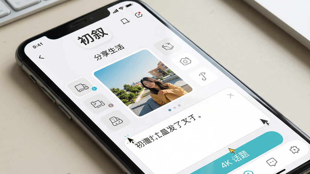 ���壺һ���ֻ���Ļ��д����Ļ����ʾ����App��ͼ�ı༭ҳ�棬����Ƭѡ���������������ͻ����ǩ��ť�����֣��ֻ���Ļռ�ݻ���󲿷֣��༭����Ԫ�������ɼ�������Ϊ���Ĵ�ɫ����̨���Ű棺������չʾ������App��Logo�͡����������������Ƭ������ʾ��ͼƬ�����ֿ�����ʾ�����֡�����ִ�����UI��Ʒ�񣬽�����ˬ��ͼ��������������ɫ���졣ϸ�ڣ���Ļ������΢����չʾ����ϸ���簴ť�����ȡ����ʣ�4K���壬������Ⱦϸ�壬�ɾ����޶���Ԫ�ء�