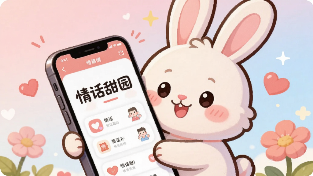 һ����ܰ�Ĳ�ͼ������Ϊһֻ��ͨ���ӱ���һ���ֻ����ֻ���Ļ����ʾ���黰��԰��APP���棬�������ϴ���΢Ц����Χ�а��ĺͻ��䡣��������͵ķ������䣬�������������Ϊ�ɰ�����ϵ�廭���������������ּ�࣬�޶������֡�