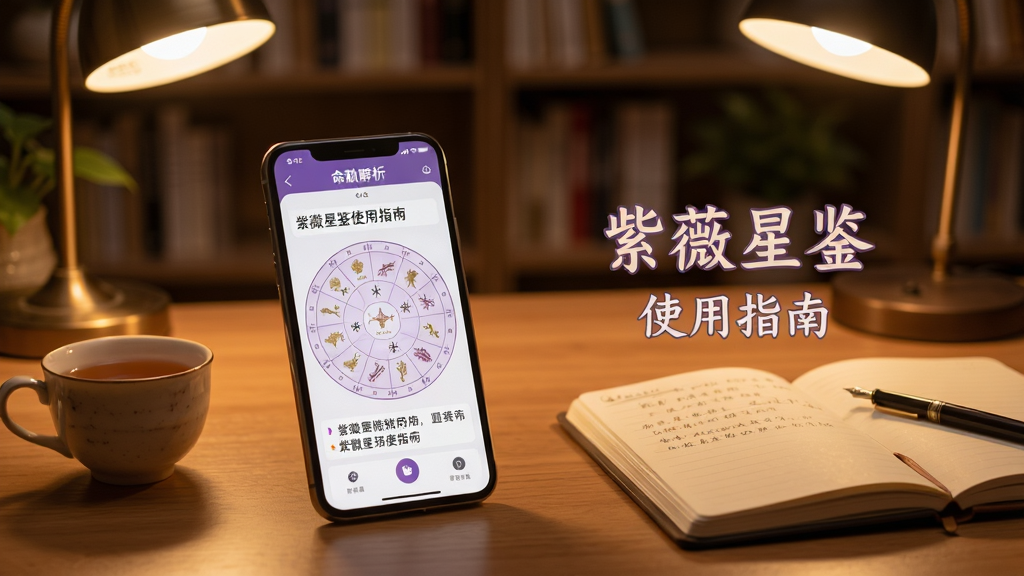 紫薇星鉴使用场景示意图,手机放置于桌面,屏幕显示命盘解析文字,旁边放有茶杯与笔记本,背景为书房环境,木质书桌,暖色灯光,画质柔和温馨,干净无多余元素,文字标注“紫薇星鉴 使用指南”