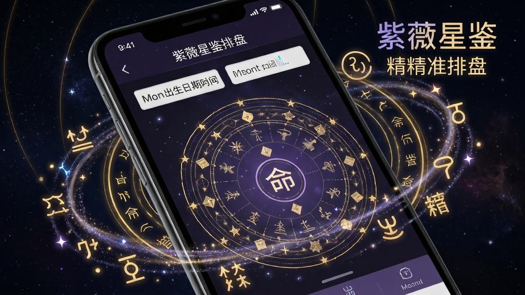紫薇星鉴排盘过程界面特写,手机屏幕显示输入出生日期时间后,系统正在快速计算命盘,周围有星轨与天干地支符号流动特效,背景为深色星空,金色线条勾勒,画质细腻富有科技感,干净无多余元素,文字标注“紫薇星鉴 精准排盘”