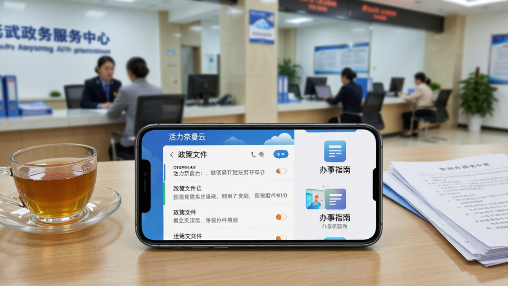 ��������Ϊ�����������ơ�APP�����񹫿������棬��Ļչʾ�����ļ��б��Ͱ���ָ��ͼ�ꡣ�ֻ�ƽ���ڰ칫���ϣ��Ա���һ����ͼ����ļ�������Ϊ���������������Ĵ������й�����Ա�ڴ���æµ��ģ����Ӱ����ͼ���ø����ӽǣ�ͻ���ֻ���Ļ����������Ԫ�صĲ�θС����дʵ������ɫ�ʳ��ȣ����������ɾ����޶���Ԫ�ء�
