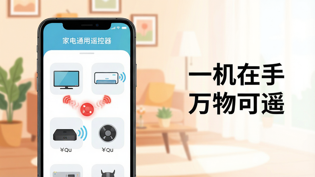 主体:一部智能手机屏幕显示“家电通用遥控器”app界面,界面中有电视、空调、机顶盒等家电图标,背景是温馨的客厅;布局:手机居中偏左,右侧留白放文字“一机在手 万物可遥”;排版:手机屏幕界面清晰,图标排列整齐;风格:现代简约,扁平化插画风,色彩明亮柔和;细节:手机屏幕内显示红外发射动画,家电图标上有信号波纹;画质:4k超清,干净,无多余元素
