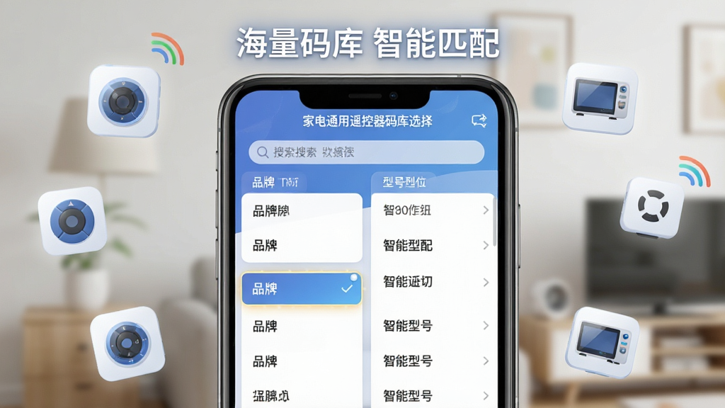 主体:手机屏幕展示“家电通用遥控器”的码库选择界面,左侧列表显示品牌,右侧显示型号列表;布局:手机居中,屏幕内容清晰可见,周围有淡淡的电器图标漂浮;排版:品牌列表与型号列表分栏显示,有搜索框;风格:写实与插画结合,界面UI精致;细节:屏幕上方有“海量码库 智能匹配”字样,选中项高亮;画质:高清渲染,干净,无多余元素