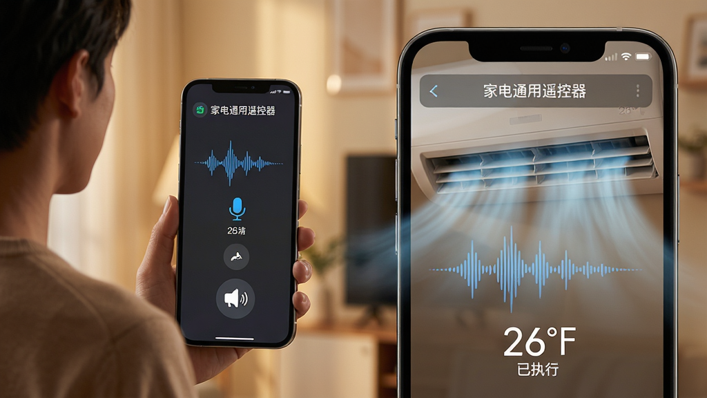 主体:用户对着手机说出语音指令,手机屏幕显示“家电通用遥控器”语音控制界面,空调被启动;布局:左侧人物半身,右侧手机屏幕特写;排版:界面中有语音波形动画和“已执行”字样;风格:现实与科技感结合,暖色调;细节:空调出风口有冷气效果,手机屏幕显示温度26度;画质:超清,干净,无多余元素