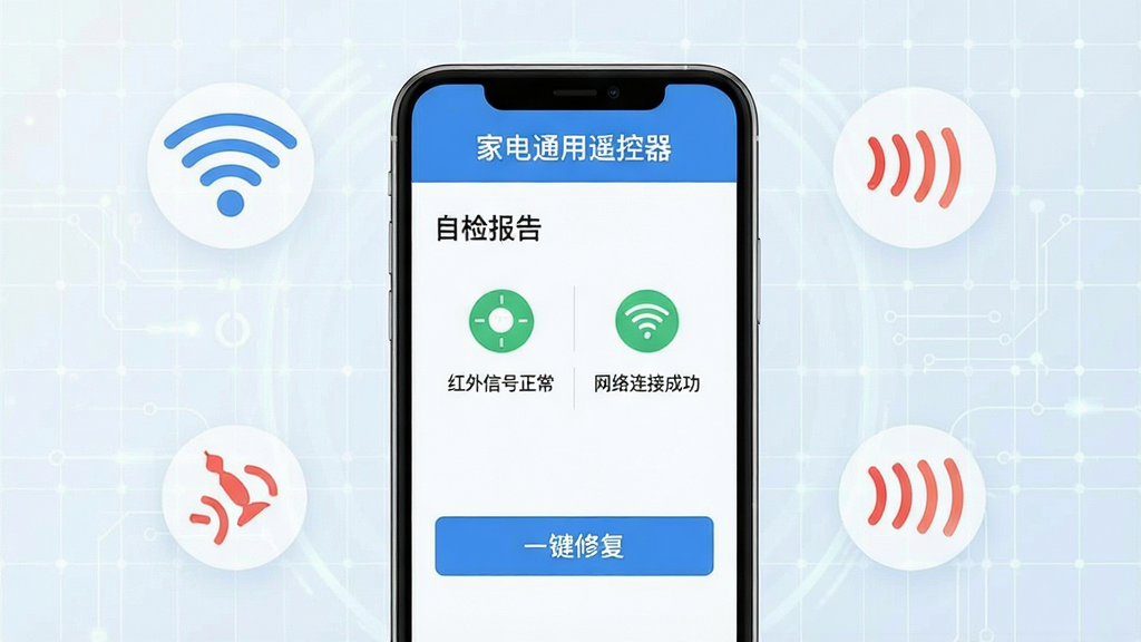 主体:手机显示“家电通用遥控器”故障排查页面,有“红外信号正常”和“网络连接成功”图标;布局:手机屏幕居中,周围有无线网络和红外图标,背景是浅色科技感网格;排版:信息分栏,清晰明了;风格:科技扁平风;细节:屏幕内有“自检报告”和“一键修复”按钮;画质:8k分辨率,干净,无多余元素