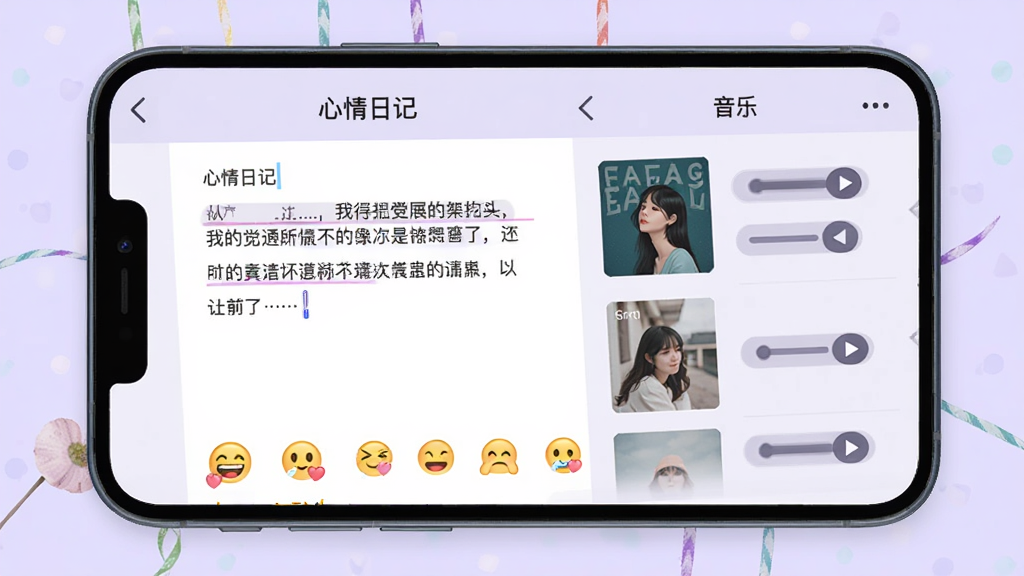 �ֻ���Ļչʾ�������ռǡ��༭���棬���Ϊ�ռ��������������ֺͱ���ͼ�꣬�Ҳ�Ϊ����ѡ���б�����ʾ���������벥�Ű�ť������Ϊ����ɫ�������������£��Ű�������£����ʸɾ����޶���Ԫ�ء�