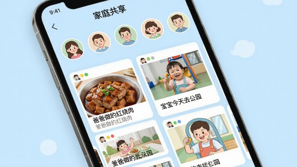 չʾ�ֻ�APP�ڡ���ͥ������ҳ�棬����Ϊ��ͥ��ԱԲ��ͷ�����У��·�Ϊ�ٲ���ʽ�Ķ�̬��Ƭ��ÿ�ſ�Ƭ����Ƭ�����֣��硰�ְ����ĺ����⡱����������ȥ��԰���ȣ������Ե���ɫΪ���������������廭��񣬻��ʸɾ����޶���Ԫ�ء�