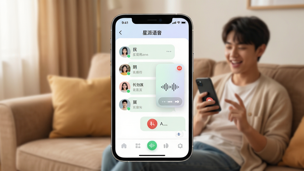 画面主体为智能手机屏幕特写,屏幕中央显示“星派语音”APP的聊天主界面,界面包含好友列表、语音通话悬浮窗和底部功能栏。背景是虚化的暖色客厅环境,沙发上隐约可见年轻用户手持手机正在语音交谈。整体布局采用手机居中构图,四周留白干净。风格为现代扁平化结合轻微拟物质感,细节上突出界面图标清晰、色彩柔和。画质高清,光影自然,无多余元素。