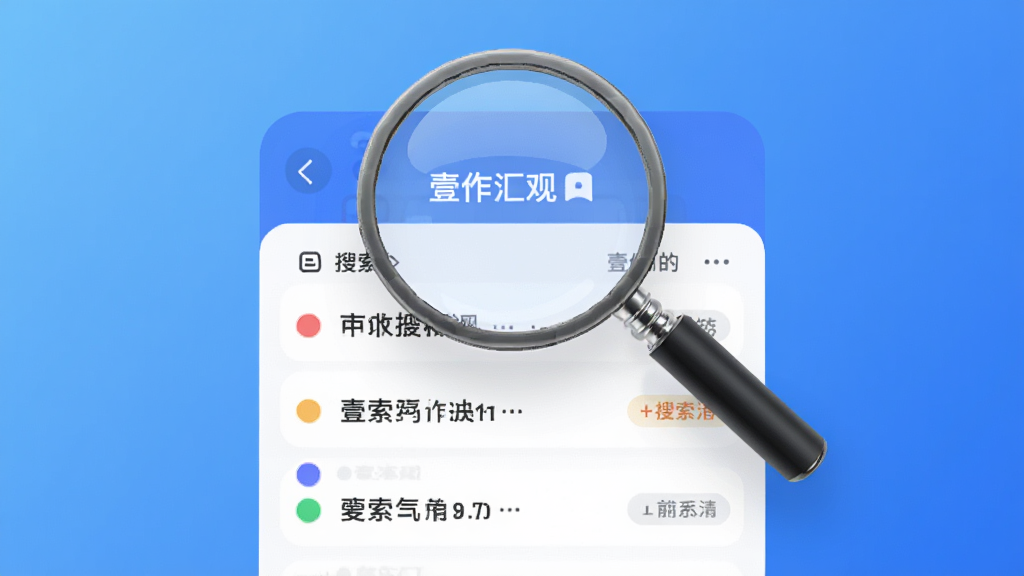 主体为放大镜图标悬停于壹作汇观应用界面之上,界面下方浮现多条搜索结果,每条结果带有不同颜色的标签圆点。背景为干净的渐变蓝色,风格科技感十足,构图居中,细节清晰,画质干净,无多余元素。
