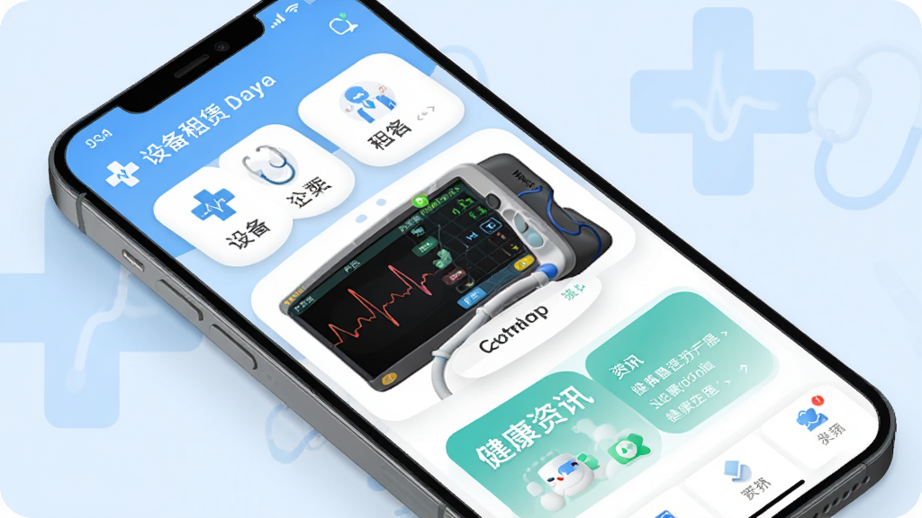 医小租App界面展示,主体为手机屏幕上的应用首页,包含设备租赁分类、胎心监护仪产品图、健康资讯模块,背景为淡蓝色医疗风格,布局简洁清晰,排版规整,扁平化设计风格,细节有圆角卡片和柔和阴影,画质高清通透,干净无多余元素
