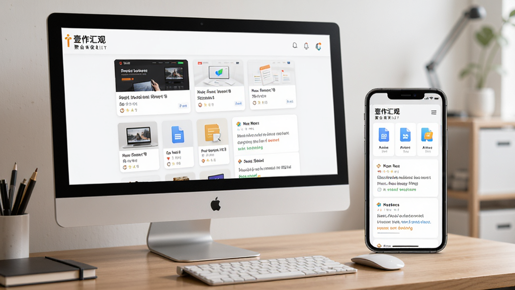 主体为电脑与手机并排展示的桌面场景,电脑屏幕与手机屏幕中均显示壹作汇观的聚合收藏列表,列表内包含网页卡片、文件图标与笔记摘要,布局整齐。风格商务简洁,光线柔和,细节丰富,画质干净,无多余元素。