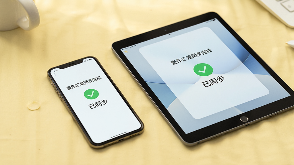 主体为手机与平板设备并排放置,屏幕中展示壹作汇观同步完成的提示界面,带对勾图标与“已同步”字样。背景为柔和的浅黄色桌面,风格温馨,布局简洁,细节到位,画质干净,无多余元素。