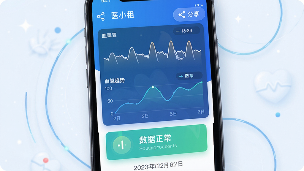 医小租健康数据图表界面,主体为手机屏幕展示胎心曲线和血氧趋势折线图,下方有“数据正常”提示卡片,布局居中,排版简洁,风格科技感蓝色调,细节有分享按钮和数据日期标注,画质细腻清晰,干净无多余元素
