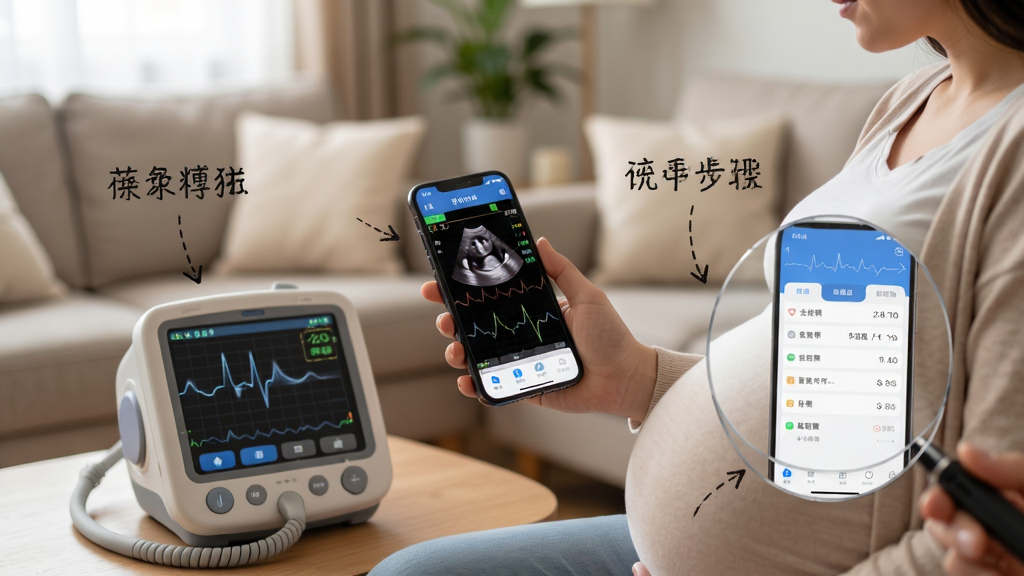 医小租使用教程场景,主体为一位孕妇手持手机查看胎心监护数据,旁边放着胎心监护仪设备,背景为温馨的家庭客厅,布局自然抓拍感,排版有教学步骤文字标注,风格写实生活化,细节有App界面放大显示,画质柔和清晰,干净无多余元素