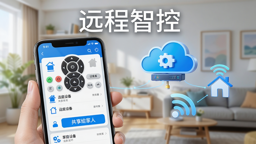 һ��չʾ����ң�����ҵ���豸������Զ�̹����Ĺ���ʾ��ͼ��������һ���ֻ���ʾ��ͥ�豸�б����С����������ˡ���ť���������ƶ˷������ͼ�ͥWi-Fiͼ�꣬�����Ƽ��У�ɫ��������ϸ�ڷḻ�����ʸɾ��޶���Ԫ�أ����֡�Զ���ǿء���ʾ����Ļ�Ϸ�