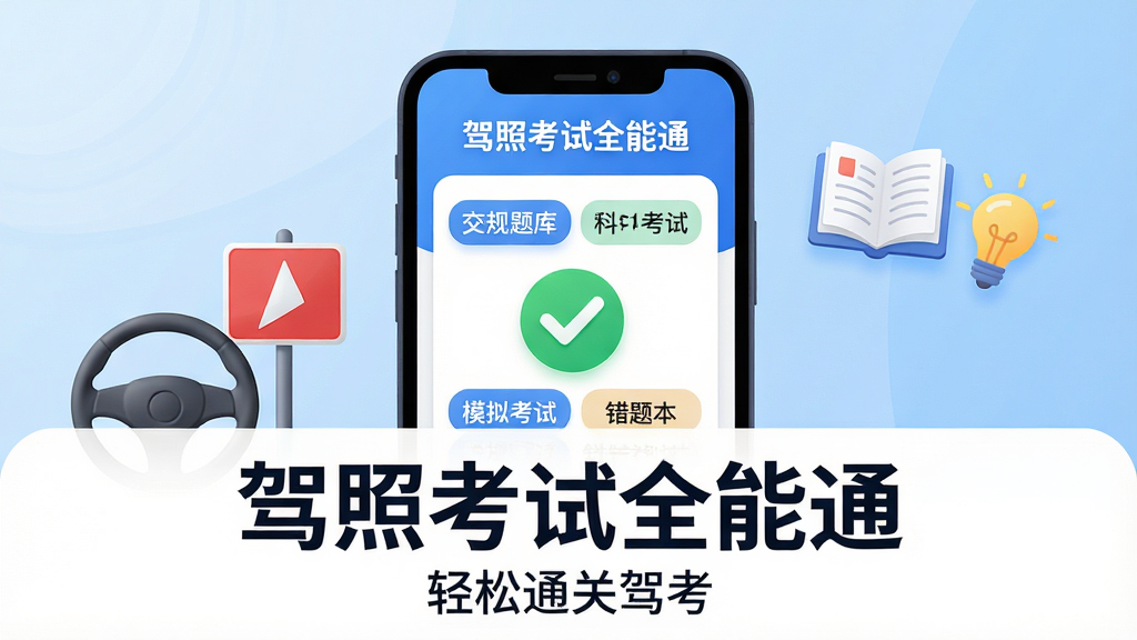 ���壺���տ���ȫ��ͨAPP����չʾ���ֻ���Ļ����ʾ�����տ���ȫ��ͨ����������Ŀһ����ҳ������ɫ�Թ�ͼ�꣬����Ϊǳ��ɫ���䡣���֣��ֻ���������������з��������ɫ·��װ�Σ��Ҳ������鱾�����ͼ�꣬�·����׷����֡��Ű棺�������Ŵ��塰���տ���ȫ��ͨ���������⡰����ͨ�ؼݿ�����ͼ���������롣��񣺱�ƽ���廭���ɫ����������/��/�̣����Ƽ���������н�ϡ�ϸ�ڣ���Ļ���ݿɼ���������⡱��ģ�⿼�ԡ������Ȿ��С��Ƭ����ԵԲ�󡣻��ʣ�������Ⱦ���ɾ�������޶���Ԫ�ء�