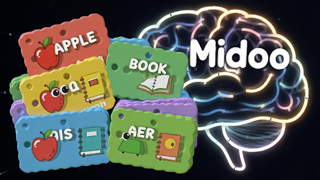 һ��MidooѧӢ�ﵥ�ʼ��书�ܵĸ���ͼ����������Ϊ��ɫ�ʿ��ѵ�����Ƭ��д�š�apple����book���ȵ��ʺͶ�ӦͼƬ�������д�����״�ķ�����������������ÿɰ���ɫ��������ͻ����Ч�������ѧ��ϰ������������ɾ����޶���Ԫ��