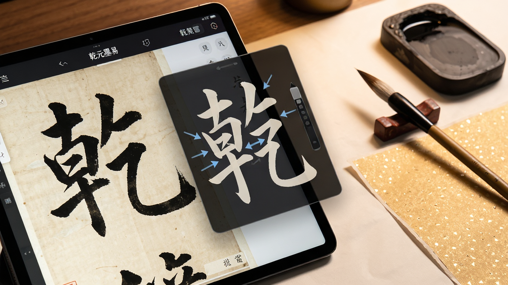 ��������ΪǬԪī��������ƽ���豸�����еĽ�����д����Ļ��չʾ��һ������Ŵ�ĹŴ����ҿ��鱮�����Ա����������ܱʻ��켣����ͼ�㡣���ֲ��öԽ��߹�ͼ�����Ϊ�豸����棬�Ҳ����״��ڷ��Ŵ�ͳë�ʡ���̨��һ��������ֽ���Ű��������£�����ں��ִ������붫���ŵ���ѧ��ůɫ�ƹ�Ӫ�����ʽ��д��Χ��ϸ����ͻ����Ļ�С�ǬԪī�ס�Ӧ�������������ıʻ�����ͷ�����廭��ϸ��ɾ����޶���Ԫ�ء�