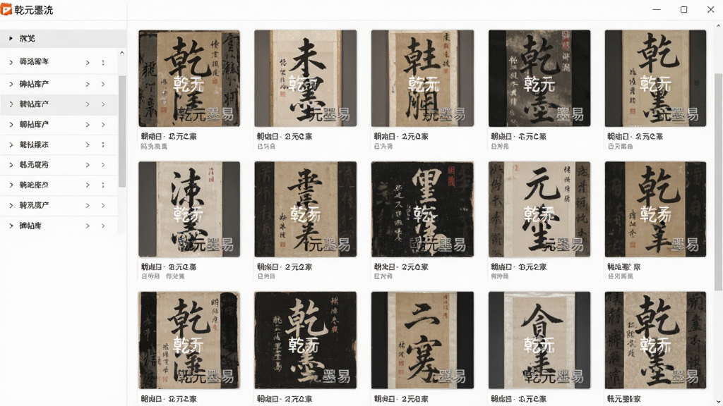 ǬԪī�����������б���������ҳ�棬����Ϊ����״���е������鷨��������ͼ��ÿ������ͼ�·���ע�г�����������������ֲ������ҷ��������Ϊ����ɸѡ�����Ҳ�Ϊ�ٲ���ʽ����չʾ���Ű�������������ɣ��������������ģ�ⲩ��ݲ�Ʒ���е����¸С�ϸ����ͻ����������ͼ�ϵġ�ǬԪī�ס�ˮӡ��ʶ������ɾ��޶���Ԫ�أ�����ϸ����ͣ�ɫ�ʻ�ԭ׼ȷ��