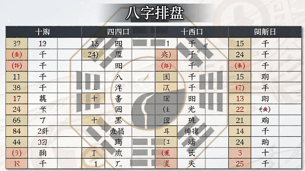墨应八字排盘页面截图,展示四柱干支、十神关系,表格清晰排列,背景有八卦符号水印,文字标注“八字排盘”,风格专业严谨,画质高清,布局规整,无多余元素