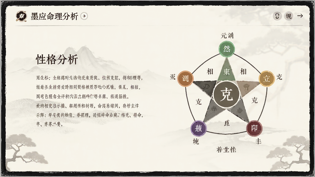 墨应命理分析界面,显示性格分析文字,配以五行相生相克示意图,风格素雅,图文并茂,画质干净,排版清晰,无多余元素