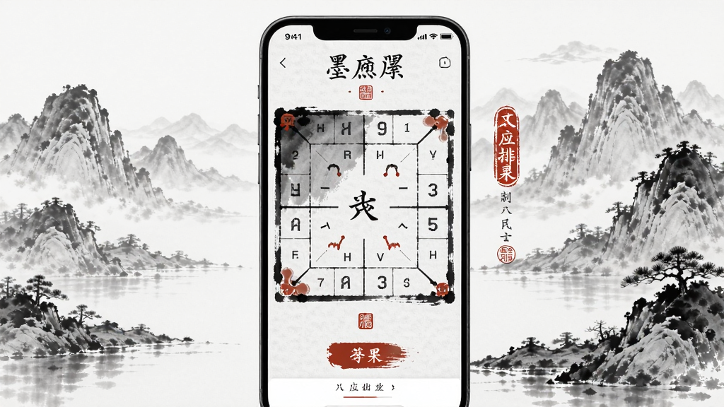 墨应APP主界面展示,水墨风格设计,中央显示八字排盘结果,背景有山水画元素,布局简洁大方,色调以黑白灰为主,搭配朱砂红点缀,整体风格古朴典雅,画质清晰干净,无多余元素