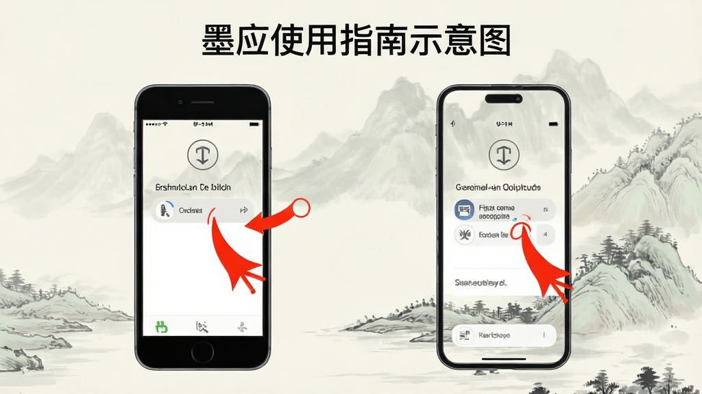 墨应使用指南示意图,展示手机界面操作步骤,箭头指示点击位置,背景为淡雅山水画,风格简洁明了,画质清晰,无多余元素