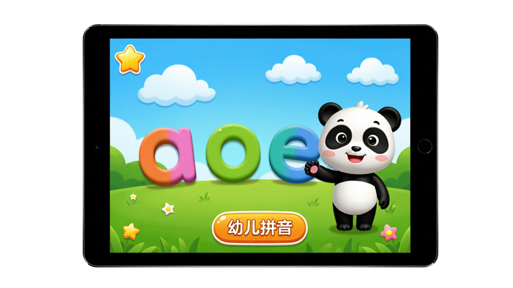 ��������Ϊ���׶�ƴ����Ӧ�õĿ�ͨ�����棬��ʾ��ƽ�������Ļ���룬��Ļ���в�ɫ������ĸ��a��o��e���Ϳɰ�����è��ʦ���󣬱���������������̲�������׶�԰���������ֲ��þ��й�ͼ��ǰ����ƽ���豸���������ס��Ű��������ã�ɫ���������ͣ����Ϊ3D��ͨ��Ⱦ��ϸ�ڰ�����Ļ�ϵ����ǽ���ͼ��͡���ʼѧϰ����ť����ť����Ϊ���׶�ƴ����������Ϊ4K���壬�ɾ��޶���Ԫ�ء�