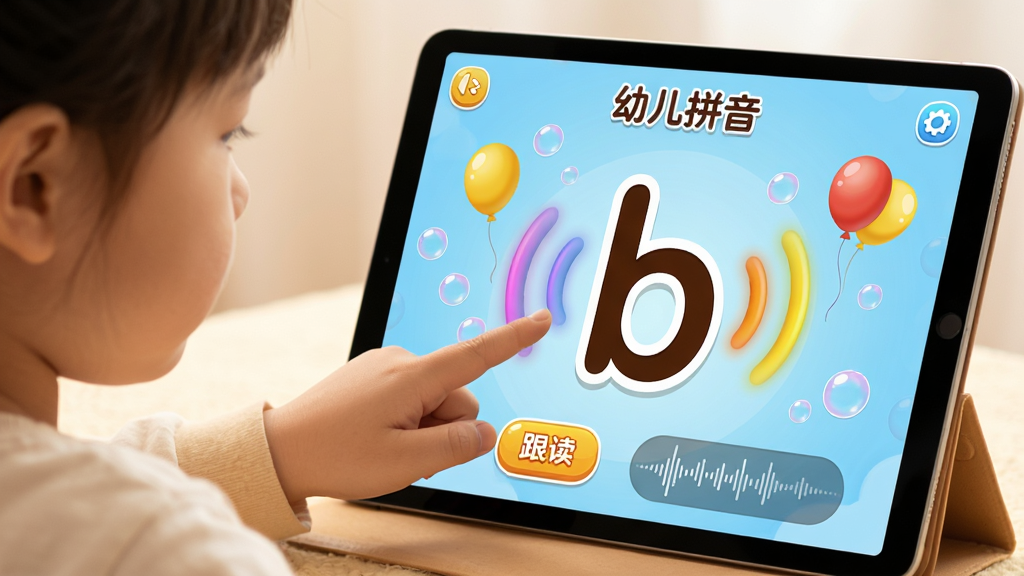 ��������ΪһλС������ָ���ƽ����Ļ�ϵġ��׶�ƴ����Ӧ�ý��棬��Ļ����ʾһ���޴����ĸ��b�����ڷ�����ɫ��������Χ�������������Ч������Ϊ�����ӽǣ�С����λ�ڻ�����࣬ƽ��λ���Ҳࡣ�Ű�ͻ��Ӧ�ý��棬���Ϊдʵ�뿨ͨ��ϡ�ϸ�ڰ�����Ļ�ϵġ���������ť��¼������ͼ������ɫ����ܰ����������ϸ����ͣ��ɾ��޶���Ԫ�ء�
