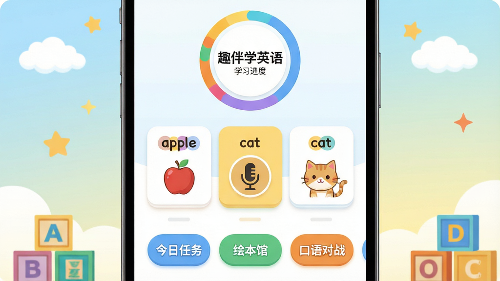 ��������Ϊһ�������ֻ���Ļ�Ŵ�չʾ��Ȥ��ѧӢ�APP�����棬���涥����ʾ��ɫѧϰ���Ȼ����в��ǿ�ͨ��񵥴ʿ�Ƭ����˷�ͼ�꣬�ײ����С��������񡱡��汾�ݡ��������ս������Բ�ǰ�ť������Ϊ��͵�ǳ�������ƽ��䣬���ܵ�׺�ƶ䡢���ǡ���ĸ��ľ�ȱ�ƽԪ�أ����岼�־��жԳƣ��Ű��������׳��㣬�廭�������ɾ���ϸ�ڰ�����Ƭ�ϵġ�apple����cat��������Сͼ�����ʸ��壬�޶���Ԫ�أ���Ļ����ʾ��Ȥ��ѧӢ�����
