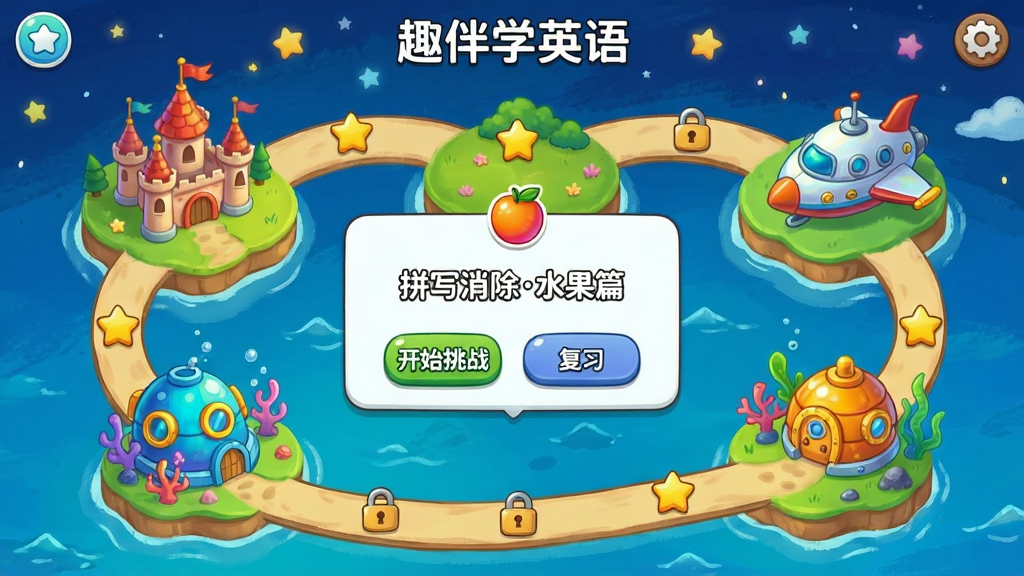 ��������Ϊ��Ȥ��ѧӢ��ؿ���ͼ���棬һ������·������������죬ÿ����������һ�����⽨����Ǳ����ɴ�������С�ݣ�·���ϱ�����������ͷͼ�ꣻ��ǰ���쵯�����񵯴���ʾ��ƴд����ˮ��ƪ�������������ײ���������ť����ʼ��ս������ϰ��������Ϊ�ֻ����ǿպ���ɫ�ʱ��Ͷȸߣ�UIͼ��Բ�����帩�Ӳ��֣�����ϸ��ɾ����޶���Ԫ��