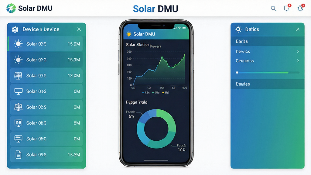 ����ΪSolar DMU����������չʾ�����з���һ�������ֻ�����Ļ����ʾ̫���ܵ�վ��ʵʱ���繦������ͼ�뻷��ͳ��ͼ�������ֲ������ҶԳƹ�ͼ��������豸�б����Ҳ���������壻������Ϊ�ִ���ƽ����ƣ���ɫ��Ϊ��ɫ����ɫ���䣬�����ɫ������ϸ����ͻ�����������ɶ���ͼ���ࣻ���ʸ��壬�ɾ��޶���Ԫ�أ�ͼƬ�����ֱ�ע��Solar DMU��������