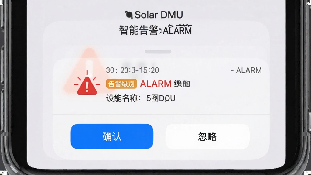 ����ΪSolar DMU���ܸ澯���ܵĽ���չʾ���ֻ���Ļ����ʾһ����Ŀ�ĸ澯���������Ϊǳ��ɫ�����к�ɫ��ʾͼ���롰ALARM�����֣����ֲ��þ��п�Ƭʽ����Ƭ�ײ��С�ȷ�ϡ��͡����ԡ�������ť��������ΪiOS���Բ�Ǿ���Ԫ�أ�ϸ�ڰ�������ʱ������澯�����ǩ���豸���ƣ����ʸɾ����޶���Ԫ�أ�ͼƬ�����ִ���Solar DMU���͡����ܸ澯��������