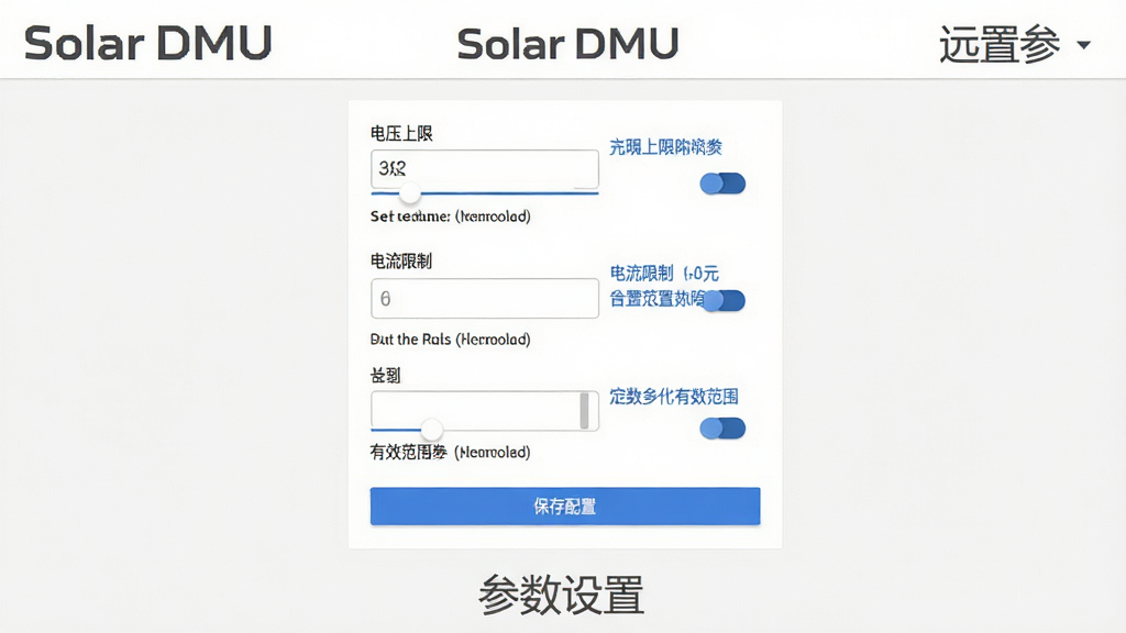 ����ΪSolar DMUԶ�̲�������ҳ�棬����Ϊ���İ�ɫ������չʾһ����������������ѹ���ޡ������������ơ��������ÿ�������������ɫ˵�����֣�����Ϊ�����������У��ײ��С��������á�����ɫ��ť�����ΪMaterial Design��ϸ�ڰ�������ؼ��������л���������Ч��Χ��ʾ�����ʸ��壬�ɾ��޶���Ԫ�أ�ͼƬ�����ֱ�ע��Solar DMU���͡��������á�������