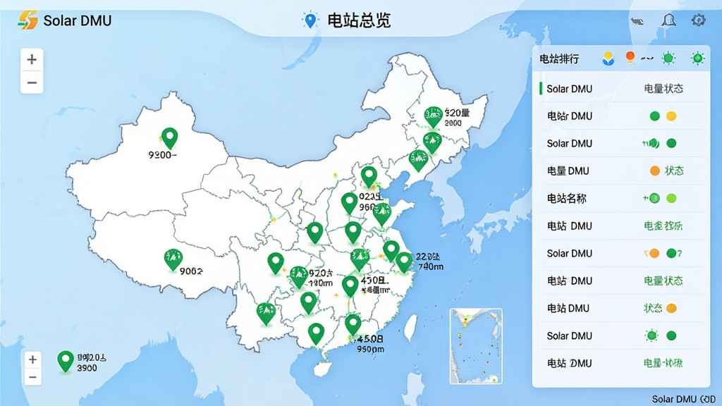 ����ΪSolar DMU���վ�������棬����Ϊǳ��ɫ���䣬����չʾһ���й���ͼ����ͼ�Ϸֲ��Ŷ����ɫ��λ��ǣ������Χ���з��������֣����ֲ��õ�ͼ���Ҳ��б����ţ��б���ʾ��վ���ƺ�״̬�����Ϊ�������ݿ��ӻ���ϸ�ڰ�����ͼ���Ź��ߡ���������Сͼ�ꡢ����״ָ̬ʾ�ƣ����ʸɾ����޶���Ԫ�أ�ͼƬ�����ִ���Solar DMU���͡���վ������������
