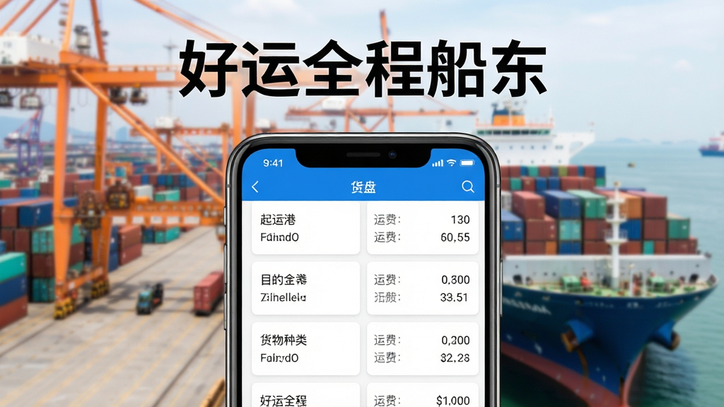 ����ȫ�̴���App�ֻ�������д����Ļ��ʾ�����б����������˸ۡ�Ŀ�ĸۡ��������ࡢ�˷Ѽ۸����Ϣ��Ƭ�������࣬�б�����������Ϊ��ͷ��װ�������ʵ�����ֻ�λ�ڻ�������ƫ�£��Ϸ��С�����ȫ�̴��������������岼�ָɾ���ɫ�����������ʸ��壬�޶���Ԫ��