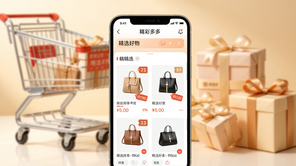 ���Ӿ����棬ǰ��Ϊ�����ֻ���Ļչʾ���ɶ��APP����ҳ��ѡ��Ʒ�б��������黯�Ĺ��ﳵ�����Ԫ�أ�����ɫ����ܰ�������Ű���У�����ִ���Լ��ϸ�ڰ�����Ʒ�۸��ǩ�롰��ѡ������������ʸ���ɾ����޶���Ԫ��